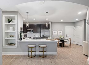 Summerville apartment for rent - A modern kitchen with a bar area and a dining table set up.