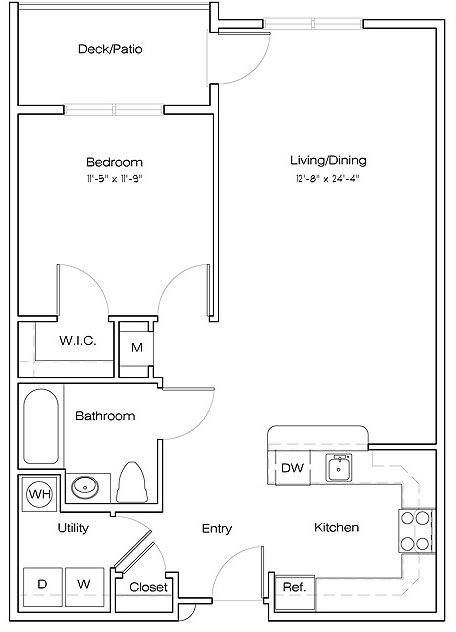 Floor plan for 1 bed, 1 bath, 802 sqft