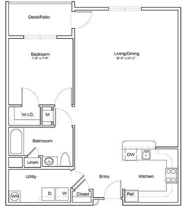 Floor plan for 1 bed, 1 bath, 993 sqft