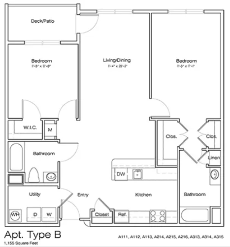 Floor plan for 2 beds, 2 baths, 1155 sqft