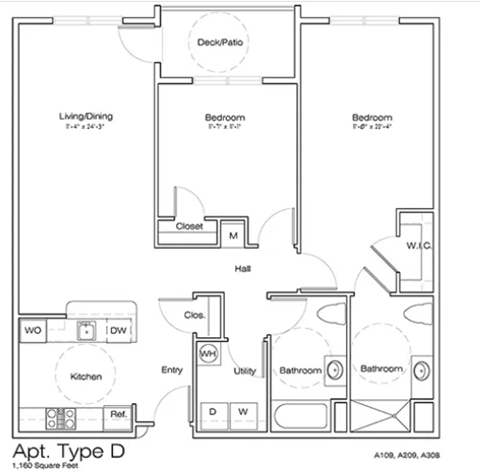 Floor plan for 2 beds, 2 baths, 1160 sqft