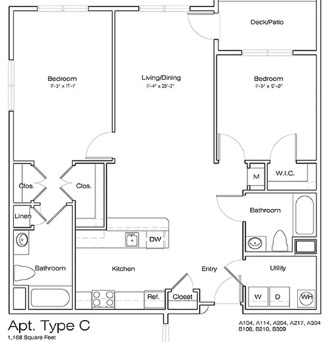 Floor plan for 2 beds, 2 baths, 1168 sqft