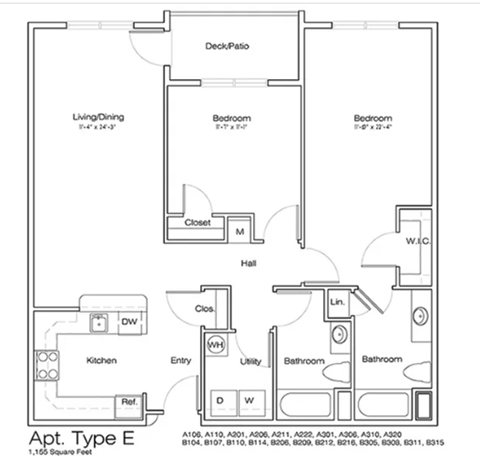 Floor plan for 2 beds, 2 baths, 1155 sqft