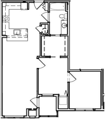 Floor plan for 1 bed, 1 bath, 905 sqft