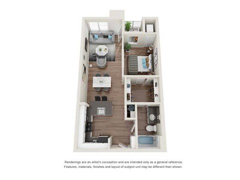 Floor plan for 1 bed, 1 bath, 705 sqft