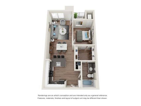 Floor plan for 1 bed, 1 bath, 737 sqft