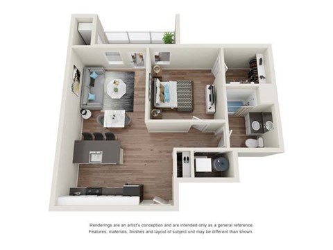 Floor plan for 1 bed, 1 bath, 765 sqft