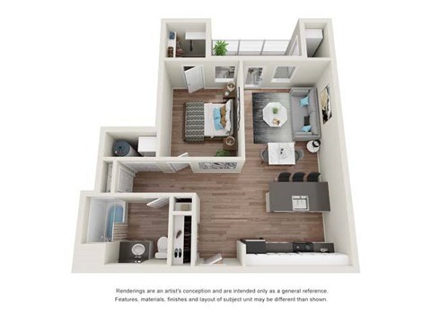 Floor plan for 1 bed, 1 bath, 767 sqft