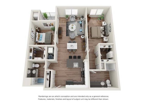 Floor plan for 2 beds, 2 baths, 1360 sqft