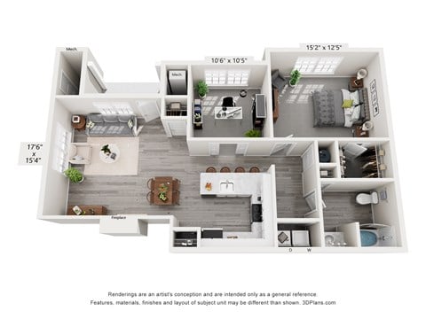 Floor plan for 1 bed, 1 bath, 996 sqft