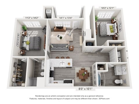 Floor plan for 2 beds, 2 baths, 1065 sqft