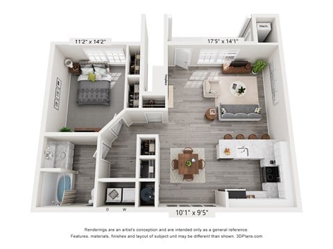 Floor plan for 1 bed, 1 bath, 923 sqft