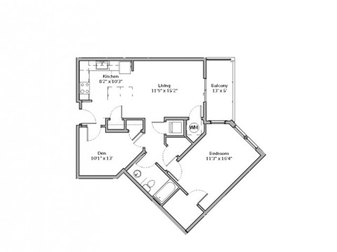 Floor plan for 1 bed, 1 bath, 911 sqft