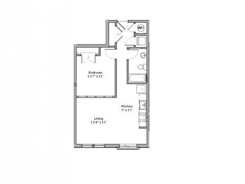 Floor plan for 1 bed, 1 bath, 635 sqft