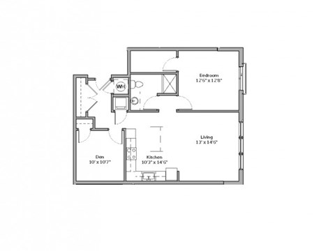 Floor plan for 1 bed, 1 bath, 851 sqft