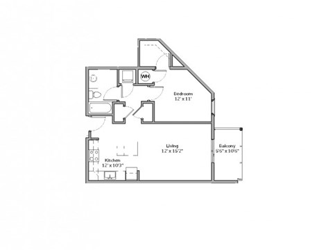 Floor plan for 1 bed, 1 bath, 688 sqft