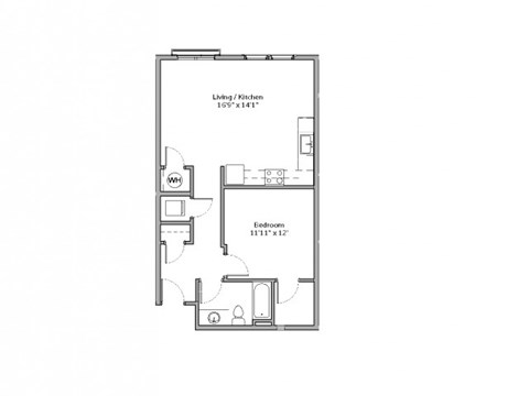 Floor plan for 1 bed, 1 bath, 710 sqft