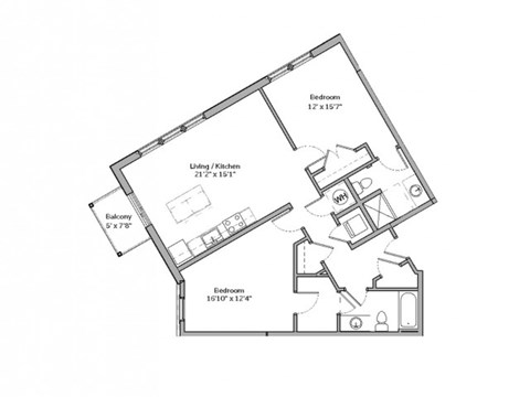 Floor plan for 2 beds, 2 baths, 1065 sqft