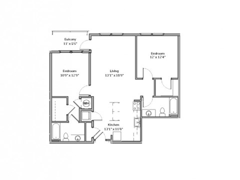 Floor plan for 2 beds, 2 baths, 1049 sqft