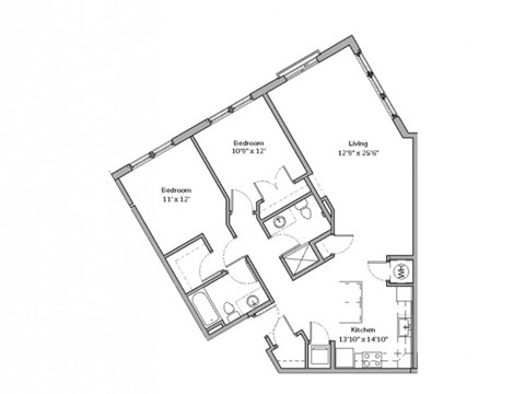 Floor plan for 2 beds, 2 baths, 1073 sqft