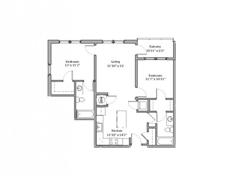 Floor plan for 2 beds, 2 baths, 985 sqft