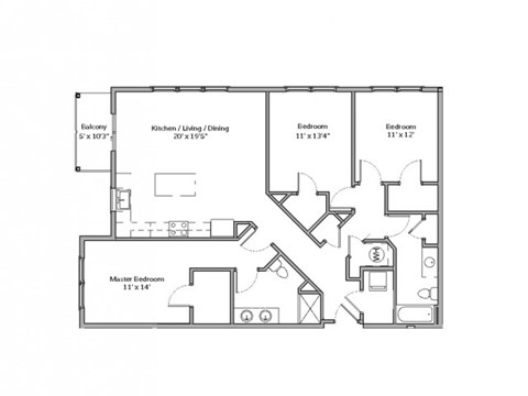 Floor plan for 3 beds, 2 baths, 1402 sqft
