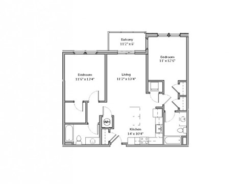 Floor plan for 2 beds, 2 baths, 1005 sqft