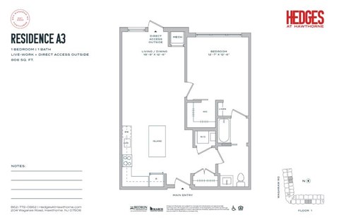 Floor plan for 1 bed, 1 bath, 808 sqft