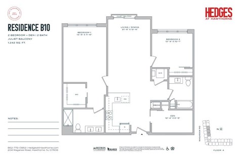 Floor plan for 2 beds, 2 baths, 1242 sqft