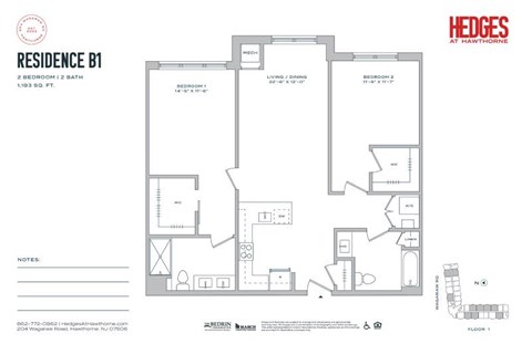 Floor plan for 2 beds, 2 baths, 1193 sqft