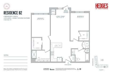 Floor plan for 2 beds, 2 baths, 1193 sqft