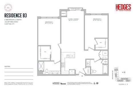 Floor plan for 2 beds, 2 baths, 1207 sqft