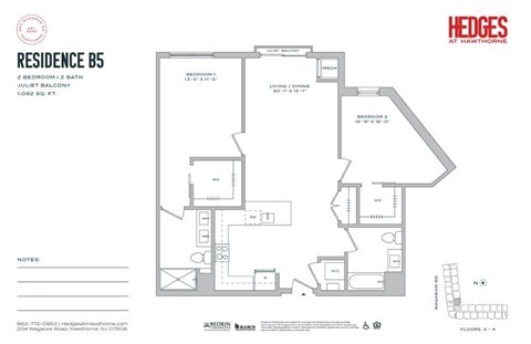 Floor plan for 2 beds, 2 baths, 1092 sqft
