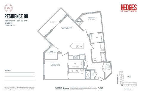 Floor plan for 2 beds, 2 baths, 1225 sqft