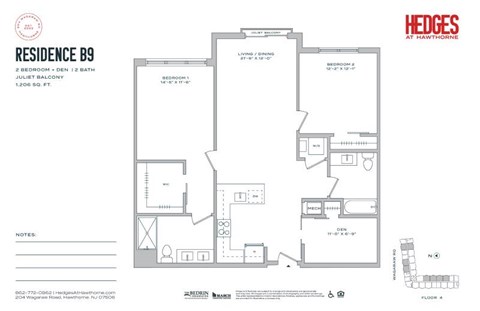 Floor plan for 2 beds, 2 baths, 1206 sqft