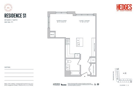 Floor plan for studio, 1 bath, 661 sqft