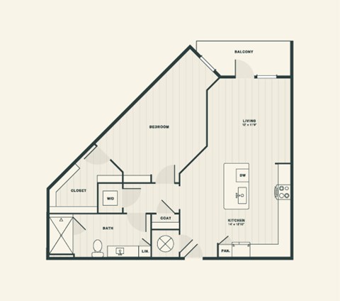 Floor plan for 1 bed, 1 bath, 804 sqft