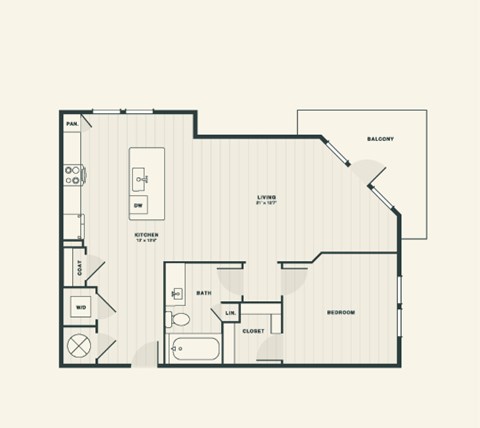 Floor plan for 1 bed, 1 bath, 825 sqft