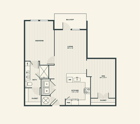 Floor plan for 1 bed, 1 bath, 1169 sqft