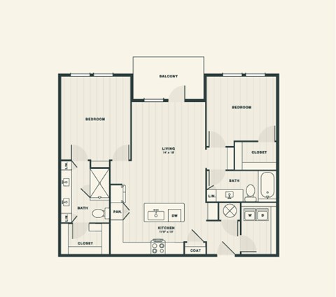 Floor plan for 2 beds, 2 baths, 1313 sqft