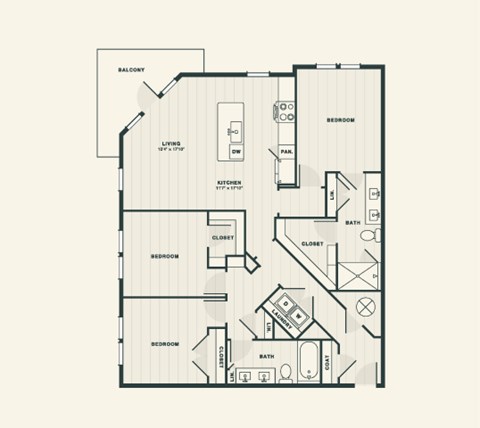 Floor plan for 3 beds, 2 baths, 1395 sqft