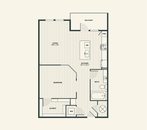 Floor plan for studio, 1 bath, 816 sqft