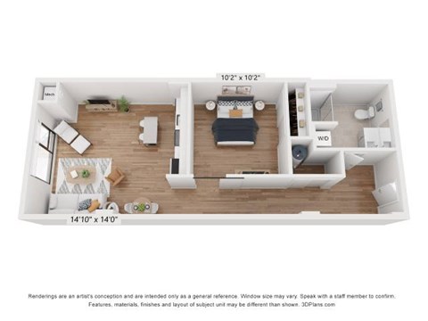 Floor plan for 1 bed, 1 bath, 609 sqft