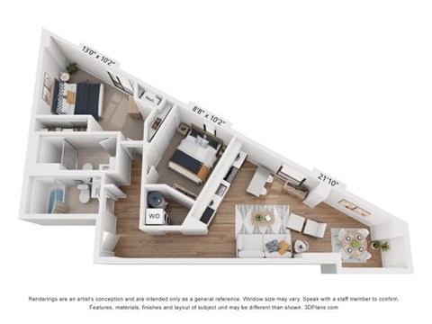 Floor plan for 2 beds, 2 baths, 910 sqft