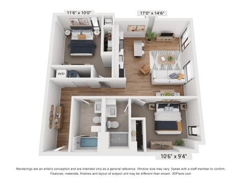 Floor plan for 2 beds, 2 baths, 969 sqft