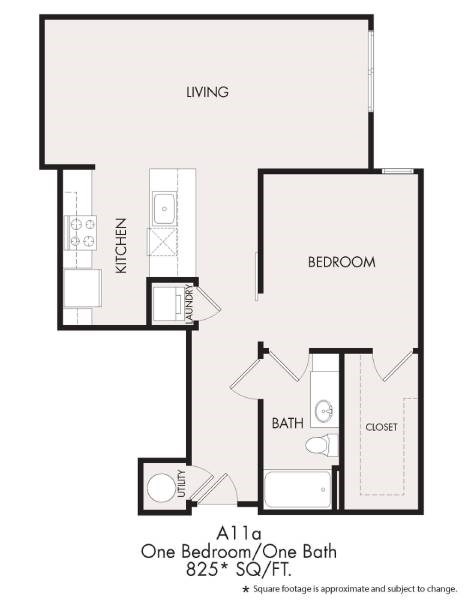Floor plan for 1 bed, 1 bath, 840 sqft