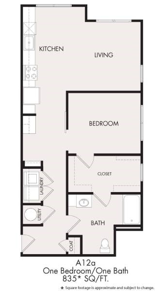 Floor plan for 1 bed, 1 bath, 835 sqft