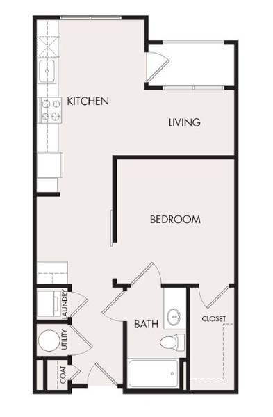 Floor plan for 1 bed, 1 bath, 735 sqft