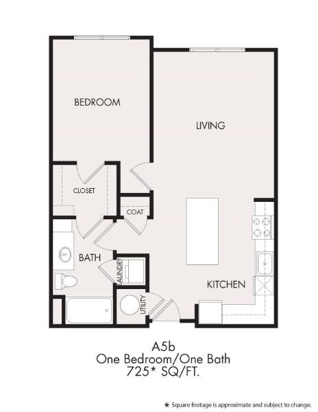 Floor plan for 1 bed, 1 bath, 725 sqft