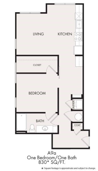 Floor plan for 1 bed, 1 bath, 830 sqft